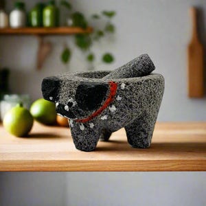 Mini Mortaio e Pestello in Pietra Vulcanica Molcajete / Mortaio e Pestello intagliati a Mano a Forma di Animale
