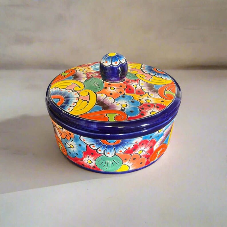 Talavera Tortilla Warmer | Hand-Painted Mexican Ceramic Dish with bold cobalt rim and colorful floral Talavera pattern, handcrafted in Guanajuato