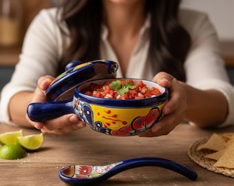 Talavera Salsa Bowl with Lid | Hand-Painted Ceramic Salsera