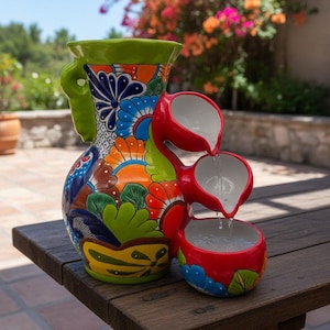 カラフルな緑の縁取りが施されたタラベラ焼きの噴水 | メキシコの陶器装飾