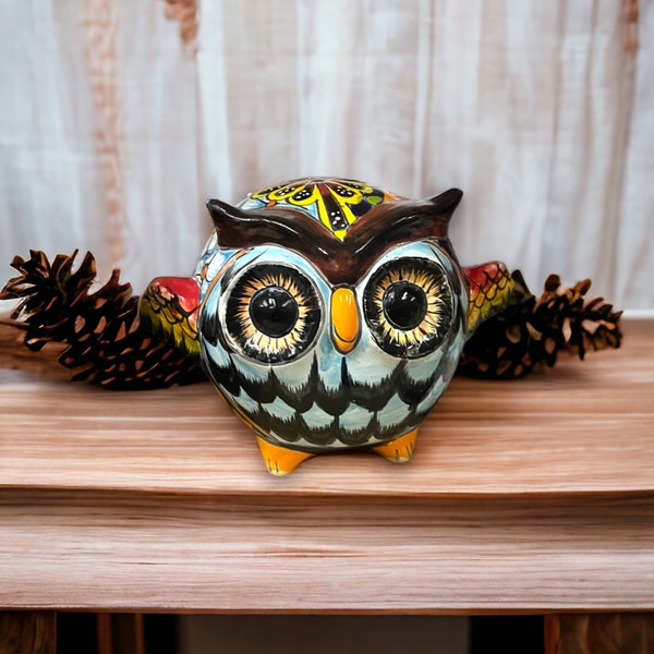 Colorful Hand-Painted Talavera Owl Statue | Artisanal Small Owl Sculpture