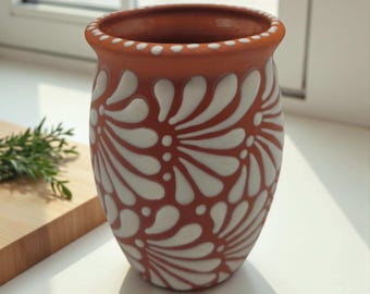 Terracotta Relief Cantarito | Handmade Mexican Pottery Cup