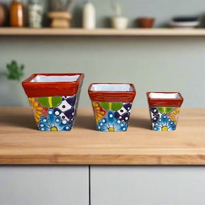 Ensemble de jardinières carrées Talavera | Mini pots mexicains colorés (Ensemble de 3)