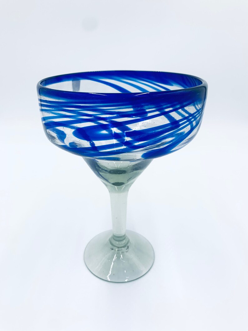 Set of 2 Blue Swirl Margarita Glasses Mexican Hand Blown Etsy