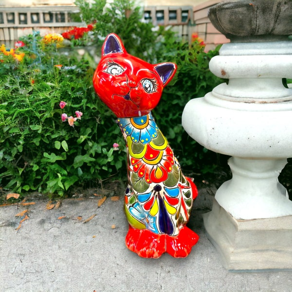 Talavera Curious Cat Statue | Medium-Sized Hand-Painted Mexican Artwork