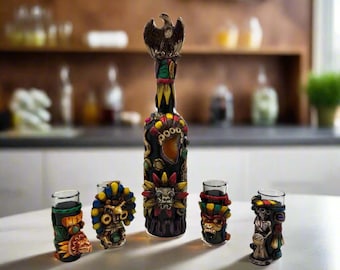 Aztec Warrior Tequila Set | Handmade Mexican Shot Glass & Decanter Set