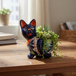 Handmade Cat Planter | Hand-Painted Cat Talavera Artwork