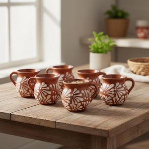 May include: A set of five terracotta mugs featuring a rounded shape and a handle on the side. Each mug is decorated with a hand-painted white floral pattern consisting of radiating petals that cover the exterior surface of the reddish-brown clay.