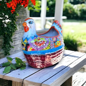 Jardinière à poulet Talavera | Grande statue de poterie mexicaine peinte à la main