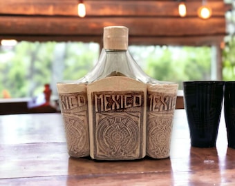 Mexican Flask & Shot Glass Set | Handmade Aztec Calendar Decanter