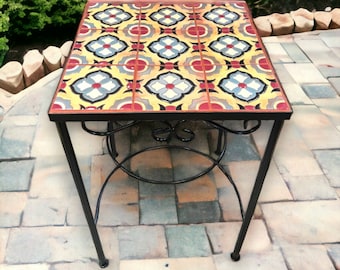 Handmade Mexican Accent End Table | Colorful Talavera Tiles, Metal Table 18" Wide