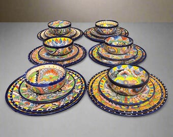 手作りタラベラ食器セット：花柄メキシコ陶器、4人用 - Etsy 日本