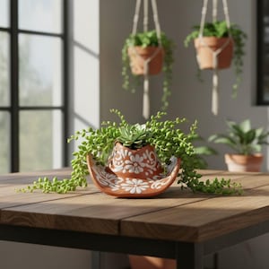 Talavera Sombrero Planter | Brown & White Floral Design
