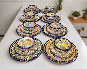 手作りタラベラ食器セット：花柄メキシコ陶器、4人用 - Etsy 日本