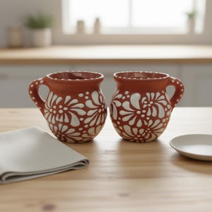 Juego de 2 tazas de Talavera marrón / Jarritos de arcilla artesanales