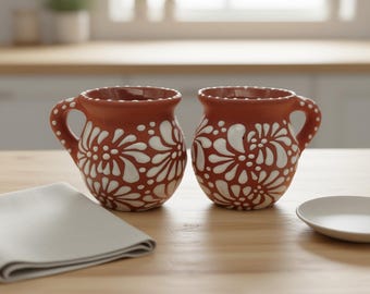Set of 2 Brown Talavera Mugs | Handcrafted Artisan Clay Jarritos