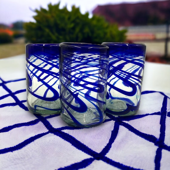 Authentic Set of 4 Handcrafted Mexican Drinking Glasses Blue Swirl Artistry 20  Oz - Etsy UK