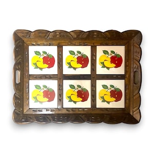 Handcrafted Talavera Tile Serving Tray | Mexican Wooden Tray with six hand-painted fruit tiles, scalloped carved wooden frame, earthy orange yellow black accents