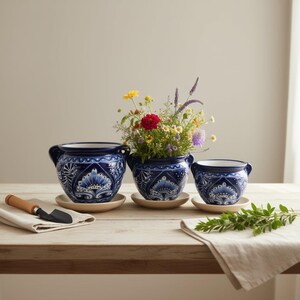 Blauw-witte Talavera plantenpotten set (trio) | Handbeschilderde potten set