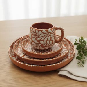 Juego de vajilla Talavera hecha a mano / Marrón y blanco, 4 piezas