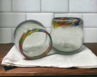 Set of 6 Hand Blown Confetti Rim Stemless Wine Glasses (12 oz) | Colorful Artisan Glassware