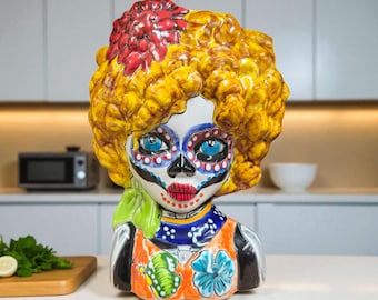Colorful Talavera Lady Skull Planter | Day of the Dead Decor