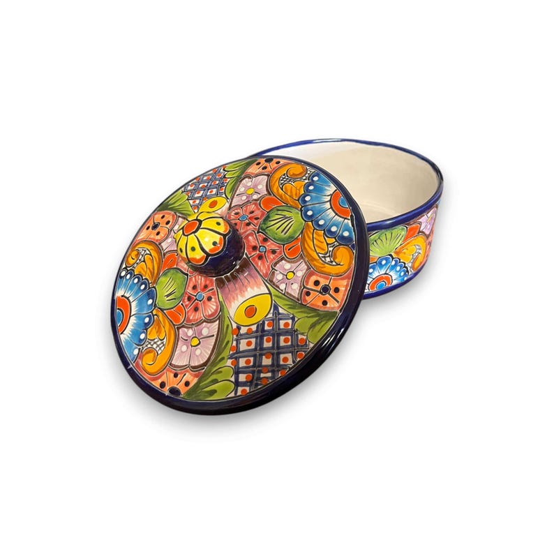 Talavera Tortilla Warmer | Hand-Painted Mexican Ceramic Dish, round colorful hand-painted Talavera design with cobalt rim