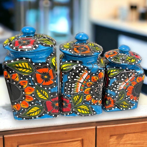 Handmade Canister Set Colorful Mexican Talavera Pottery Kitchen 