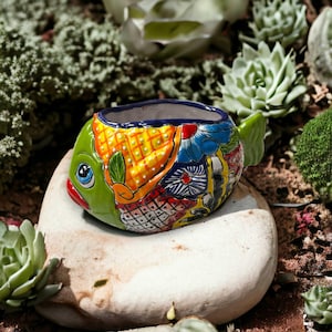 Small Talavera Fish Planter | Colorful Hand-Painted Mexican Statue Pottery