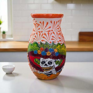 Talavera Day of the Dead Relief Vase | Hand-Painted Pottery