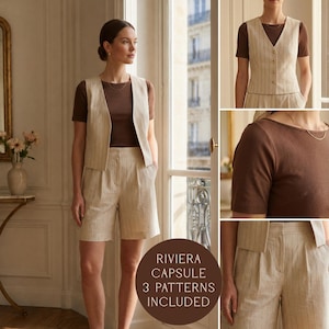 Op de afbeelding: Een beige vest met krijtstreep en bijpassende shorts, gecombineerd met een bruin T-shirt met korte mouwen. De afbeelding bevat een cirkelvormige tekst met de tekst RIVIERA CAPSULE 3 PATTERNS INCLUDED, wat een gecoördineerde set toont.