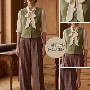 Op de afbeelding: Een vrouw draagt een groen vest met een crèmekleurige strik, een crèmekleurige blouse en een bruine broek. De afbeelding bevat de tekst "3 PATTERNS INCLUDED". De outfit is in vintage stijl.