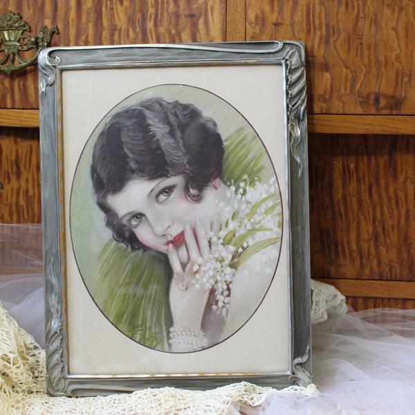 Antique Gorgeous Flapper Girl Earl Christy lithograph Print 1920 1930s Original Wood Gold Frame VTG Flapper Girl Era // Art Deco