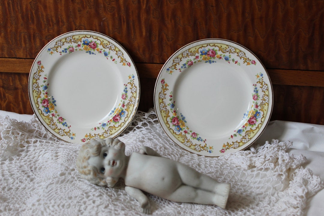 Vintage Dinnerware 1940s Rose Floral Plate Set of Two 2 22k