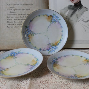May include: Three small, white, porcelain plates with a blue and yellow floral design. The plates have a gold rim and are decorated with forget-me-not flowers.
