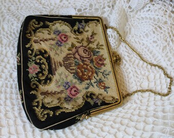 Vintage 1930s Petit Point Purse Czechoslovakia 6" x 4.5" Needlepoint Tapestry Black Marcasite Frame // Victorian Art Deco