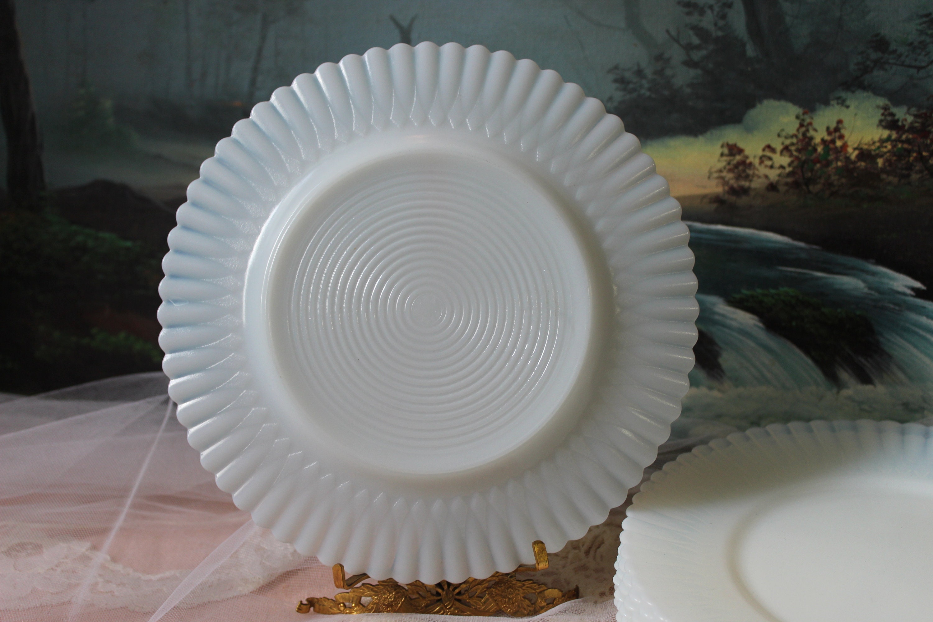 Macbeth Evans Petalware Monax Frut Plates Wth Cherres & Plums and A