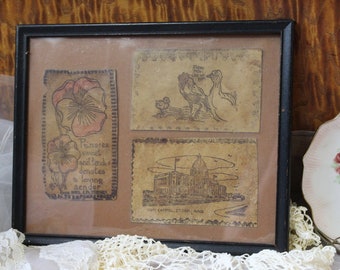Antique Victorian 1900s Three (3) Framed Leather Postcards Pansy Unique loving greetings // vtg cottage chic