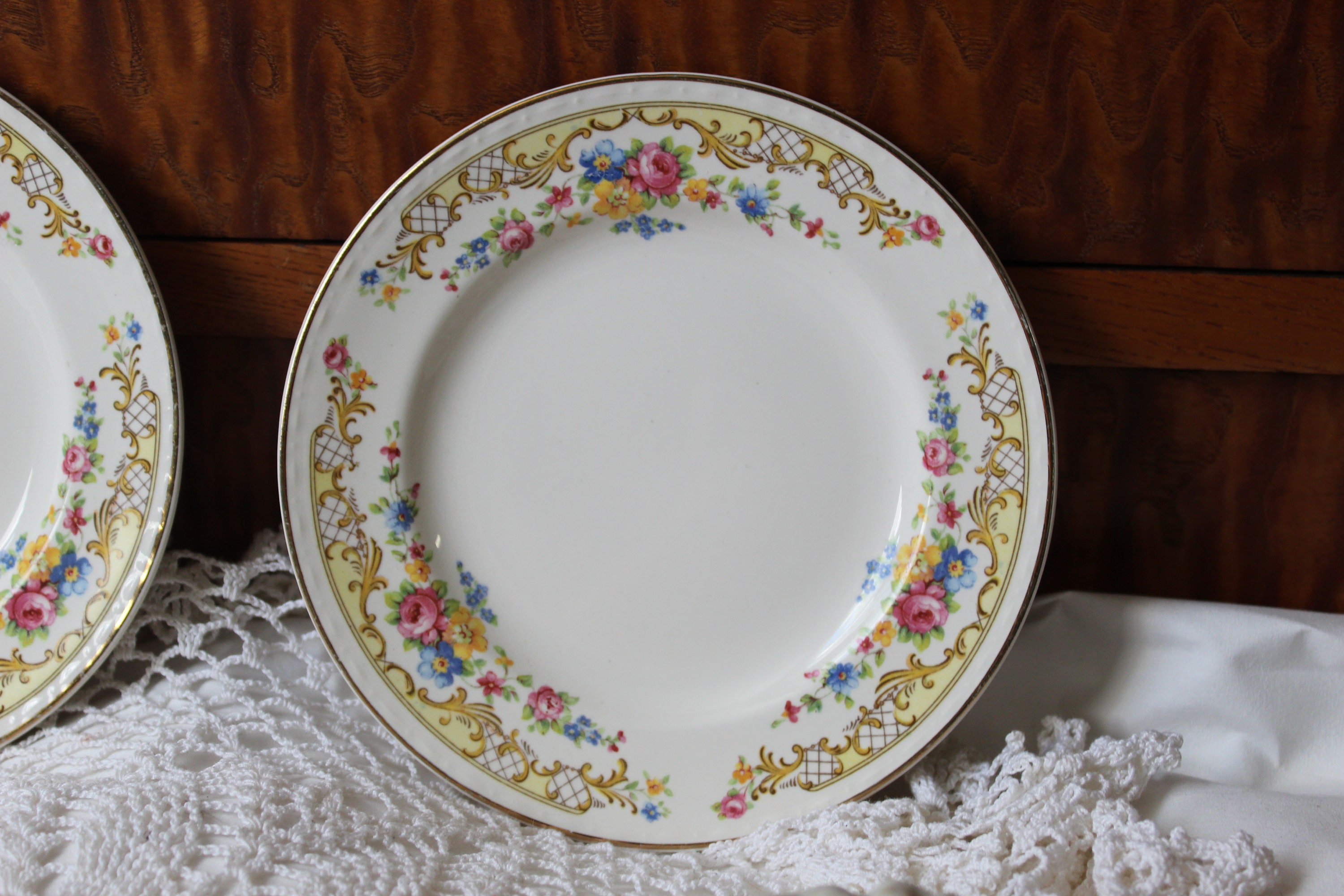 Vintage Dinnerware 1940s Rose Floral Plate Set of Two 2 22k