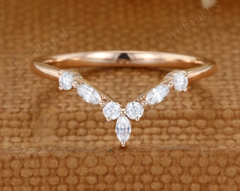 Unieke trouwring roségouden trouwring Marquise Gebogen trouwring Vintage diamanten ring stapelen bijpassende beloftering Jubileumcadeau