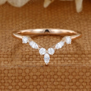 Unique wedding band rose gold wedding band Marquise Curved wedding band Vintage diamond ring stacking matching promise ring Anniversary gift