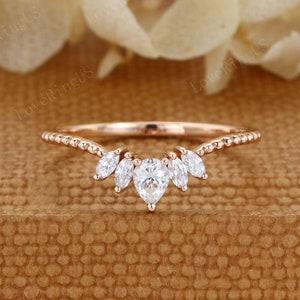 Pear shape Moissanite wedding band Rose gold marquise Curved wedding band Unique Vintage diamond ring stacking promise ring Anniversary gift