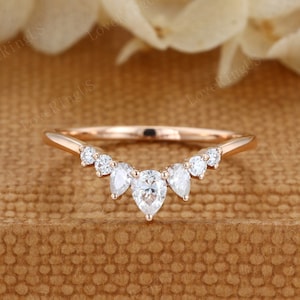 Pear shape Moissanite wedding band Rose gold Curved wedding band Unique Vintage diamond ring stacking promise ring Anniversary gift for her