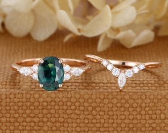 Pear cut Blue green sapphire engagement ring set Unique Rose gold engagement ring women vintage Marquise wedding Bridal set Anniversary gift
