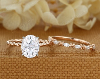 Oval Moissanite engagement ring set Two Tone 14K gold twist engagement ring Half eternity Marquise cut vintage ring Bridal Promise gift ring