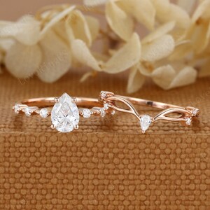 Pear Moissanite engagement ring set vintage Rose gold moissanite ring women Unique diamond ring wedding Bridal promise Anniversary for her