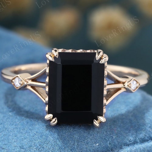 Emeral Cut Black Onyx Engagement Ring Set Vintage Engagement - Etsy