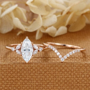 1CT Marquise cut moissanite engagement ring set Vintage rose gold engagement ring cluster diamond ring wedding bridal set Anniversary gift