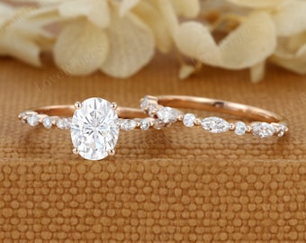 Oval Lab grown diamond engagement Ring Set 2ct Unique Marquise Rose gold engagement ring vintage wedding Bridal set Anniversary gift for her