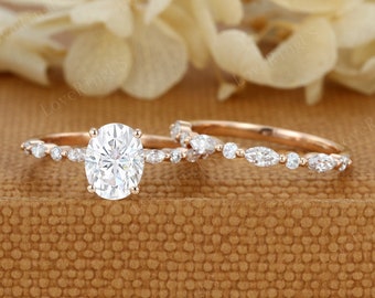 Oval Moissanite engagement Ring Set 2ct Unique Rose gold cluster engagement ring vintage marquise ring  wedding Bridal set Anniversary gift